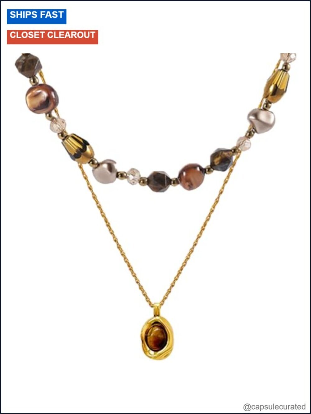 Layered Necklace Set with Tiger's Eye Healing Crystal & 14K Gold-Tone Chain